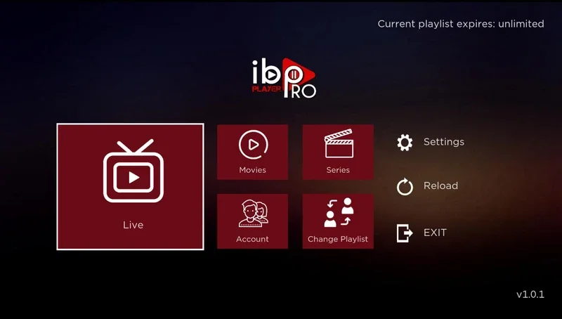 מסך הבית של נגן IPTV עם טלוויזיה, סרטים וסדרות